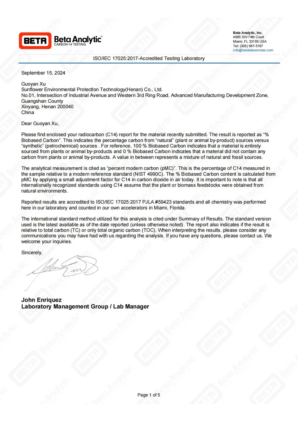 Sunflower Biobased Carbon test report 00